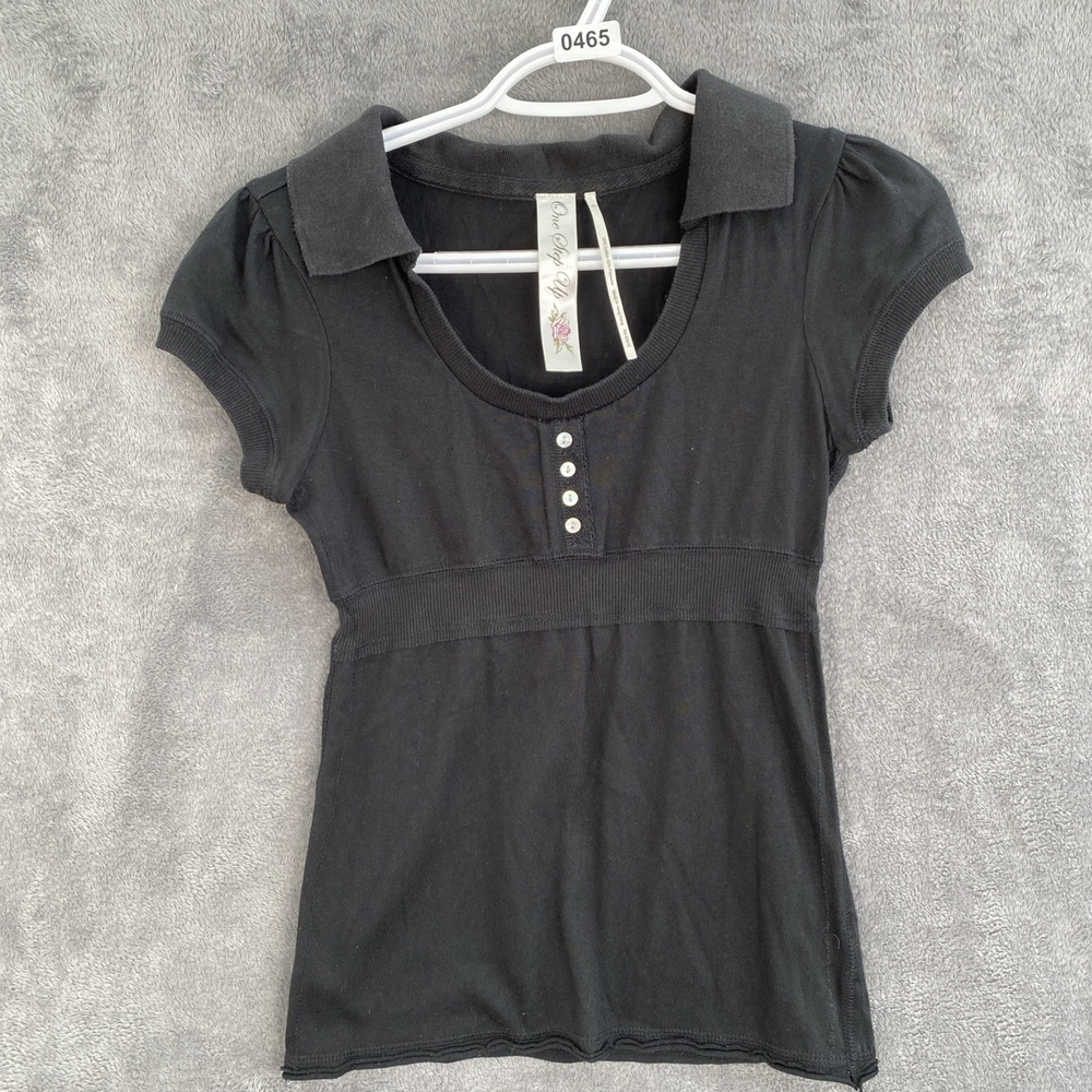 Black scoop neck empire waste baby doll Cap sleeve polo top Y2K size med